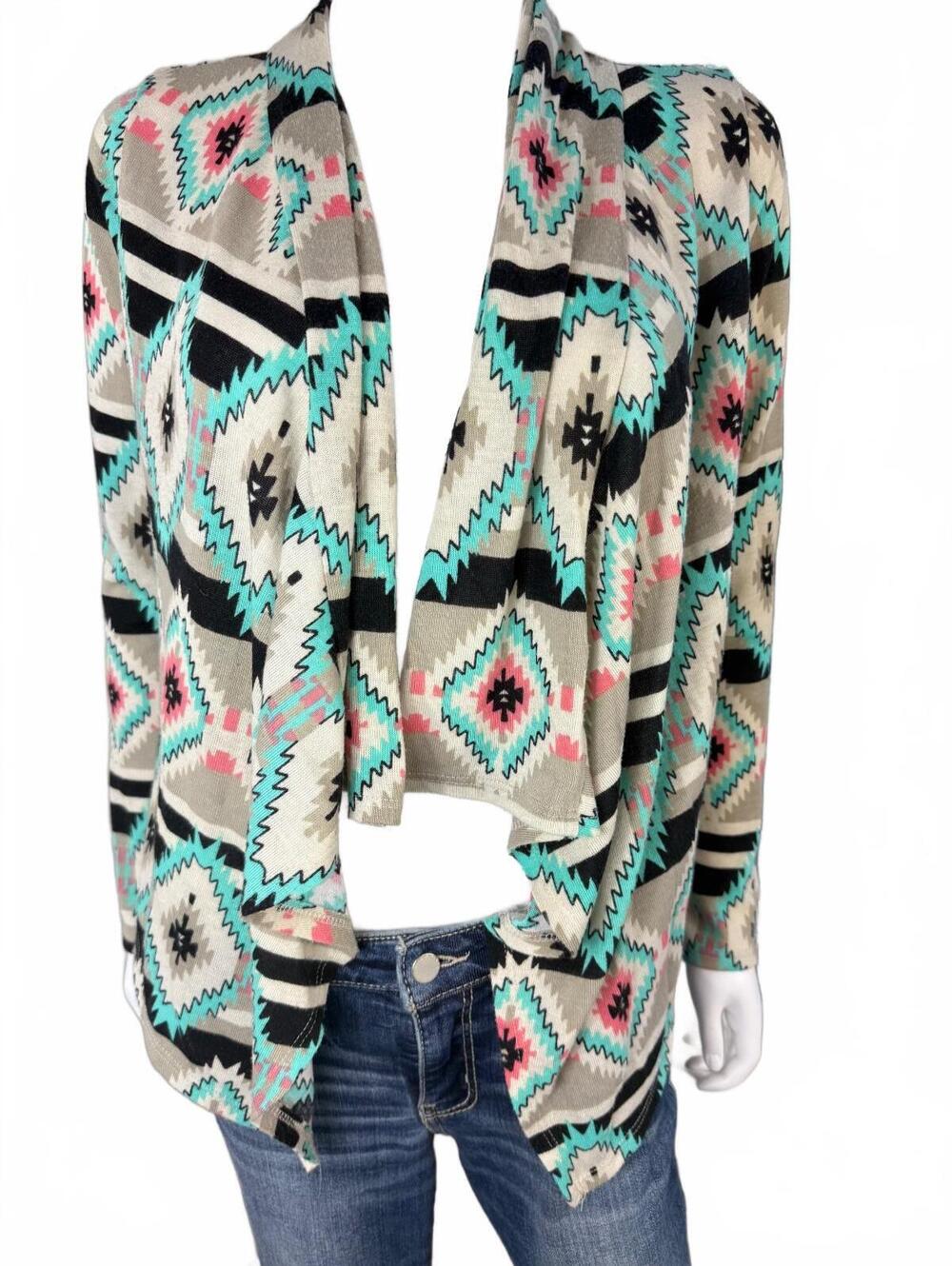 Living Doll Medium Aztec Print Open Front Cardigan Sweater